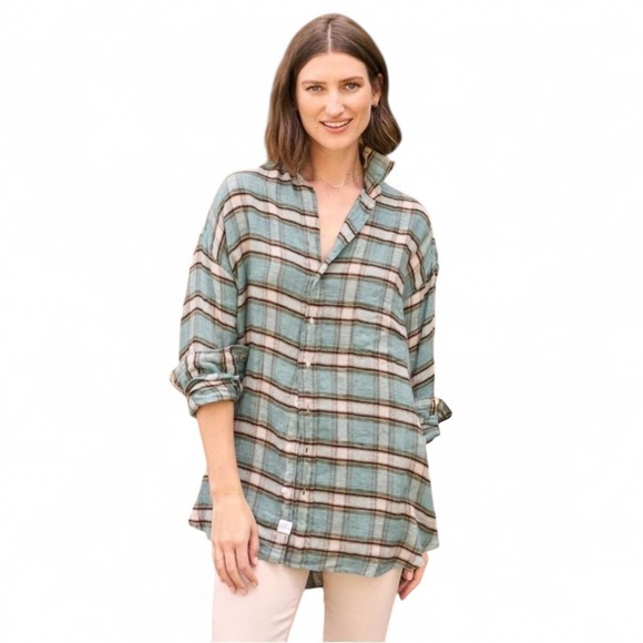 Frank & Eileen Linen Plaid Sage Green Shirt Size M Unisex - Picture 2 of 13